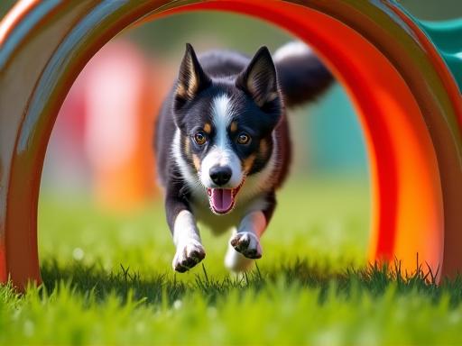 Een hond die door een tunnel rent op een behendigheidsparcours.