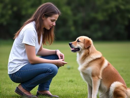 Een volwassen hond die 'zit' doet voor zijn eigenaar.