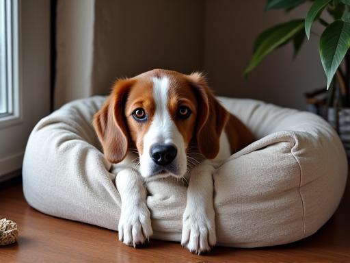 Een hond die ontspannen in een bench ligt in een huiselijke omgeving.