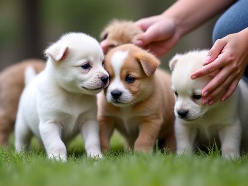Een groep puppy's die samen spelen onder toezicht.