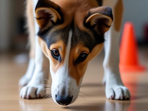 Een hond die met zijn neus een object zoekt.